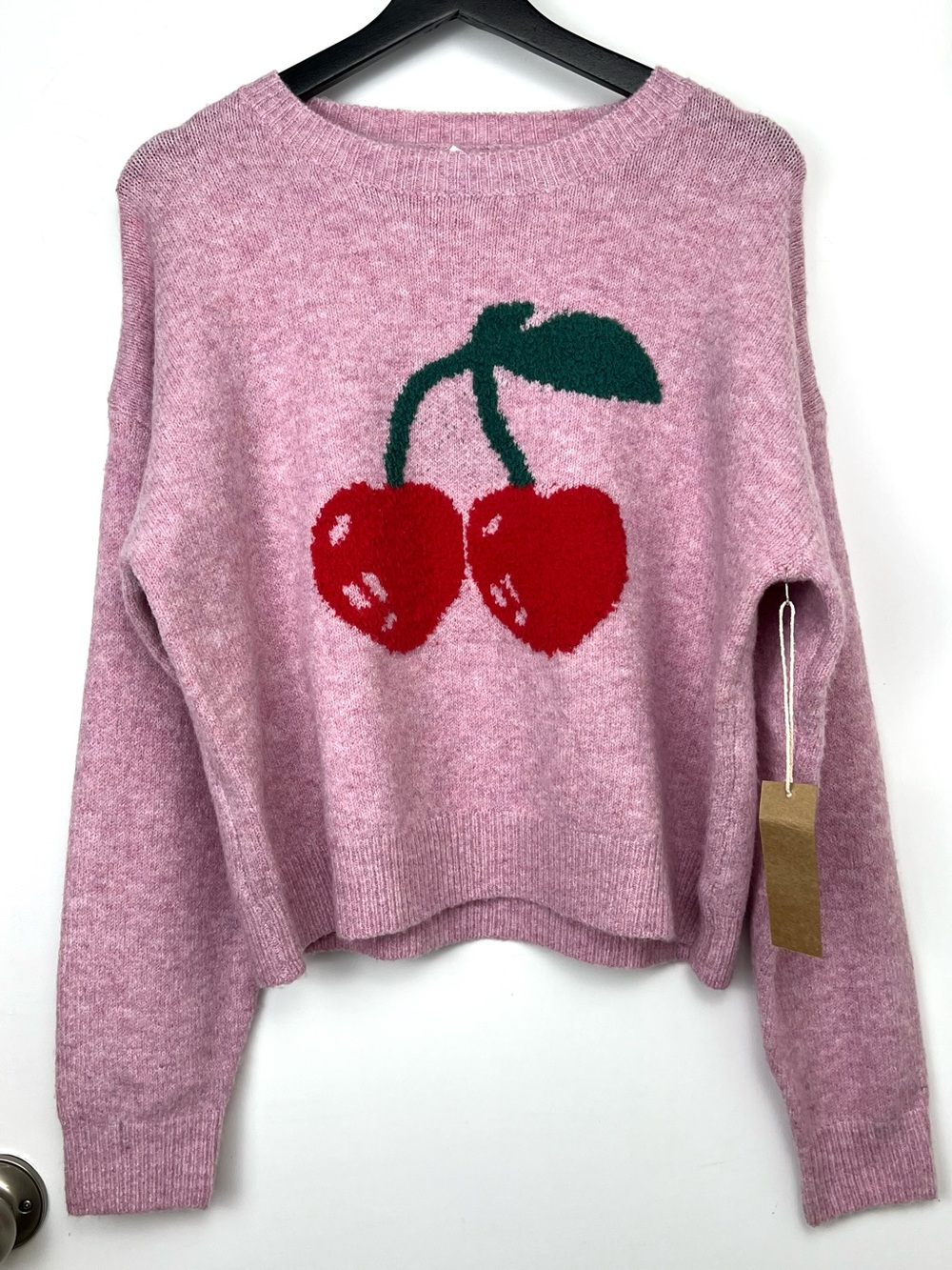 Dreamers Cherry Motif Soft Knit Boxy Fit Sweater size M Pink/Red Cropped School